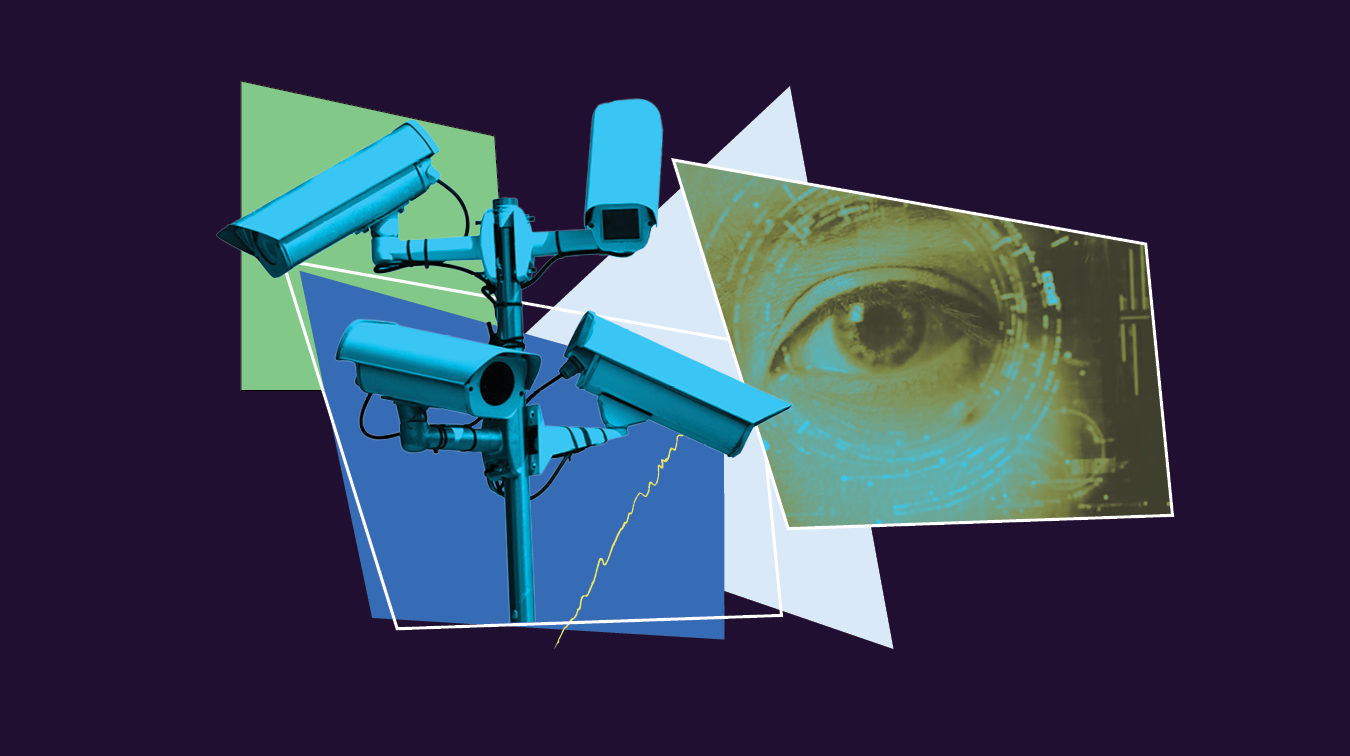 Orange background with images of a person holding a phone, a Flock camera, and a siren