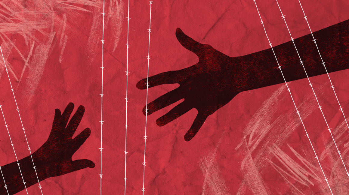 Two hands reaching for the other behind a wired fence with a red background