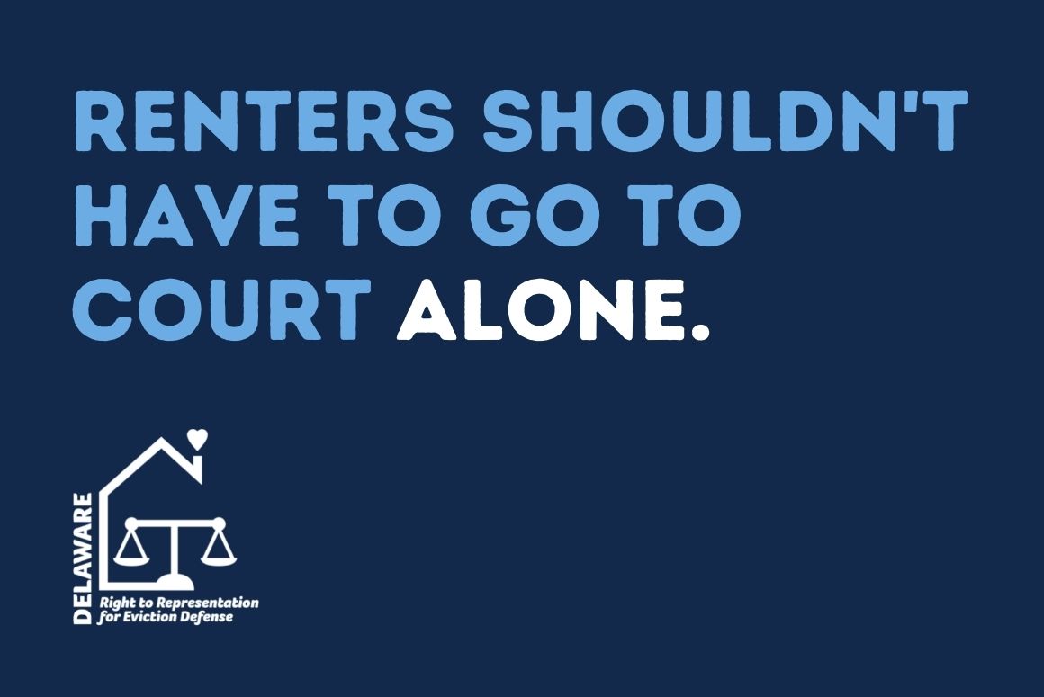 Graphic with dark blue background and light blue text. "renters shouldn't have to go to court alone."