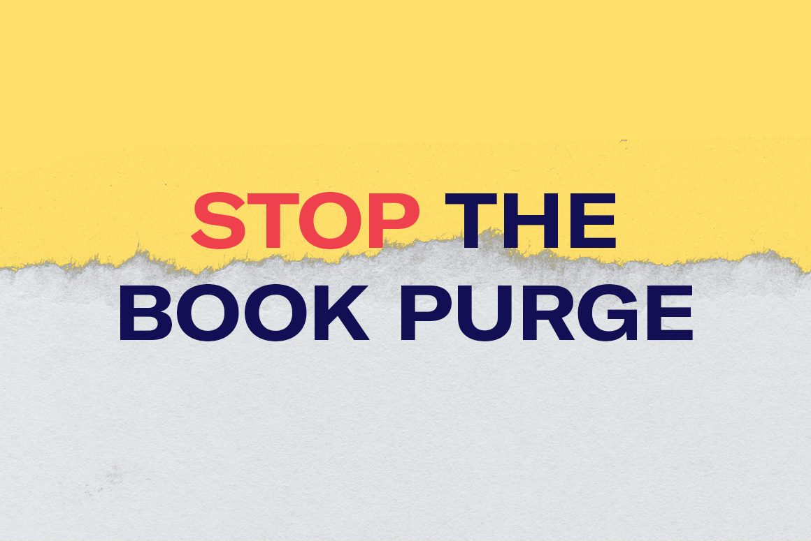 "Stop the Book Purge" in red and blue text over a torn sheet of paper