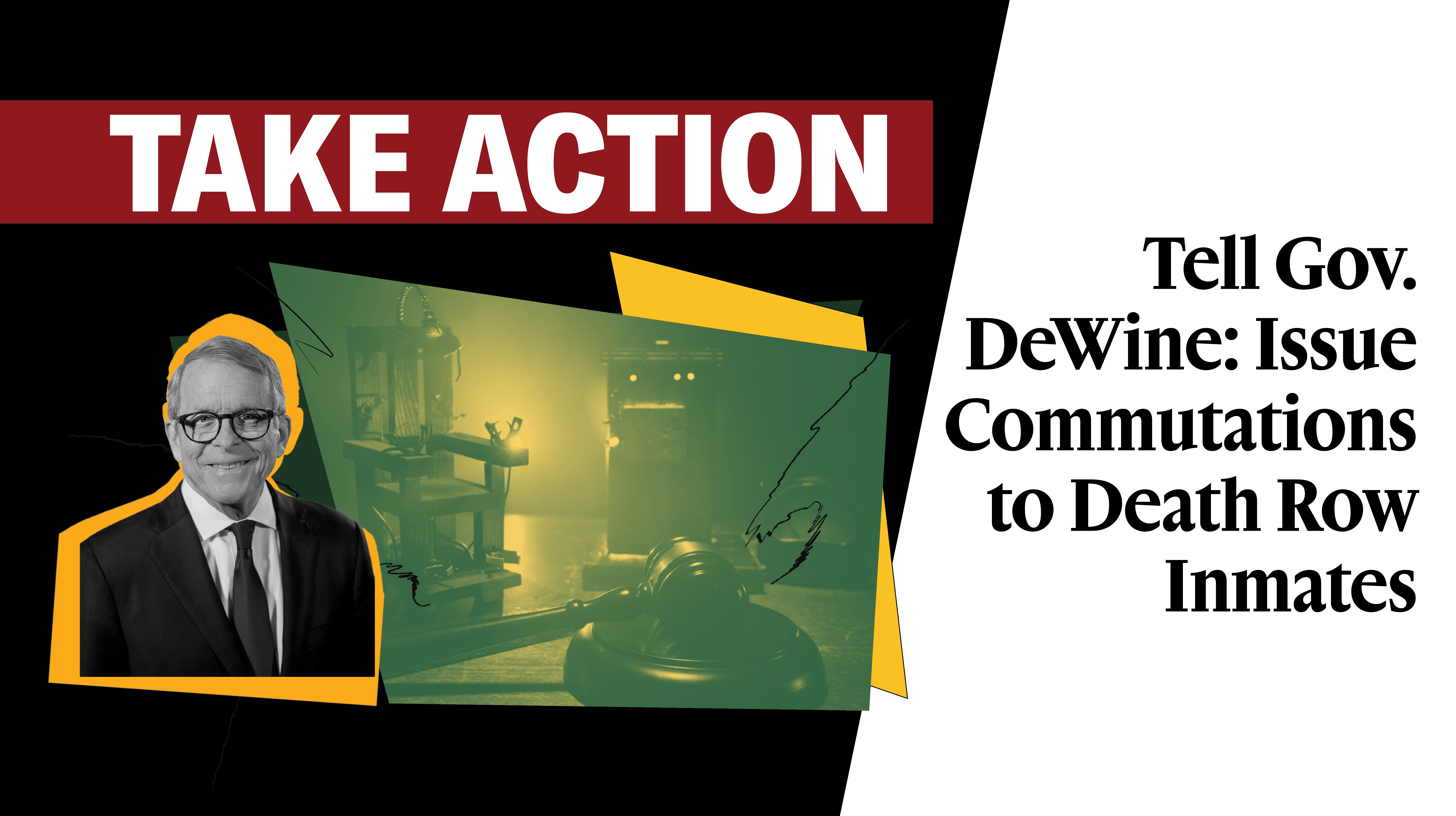 Image of DeWine, an electric chair, and a gavel