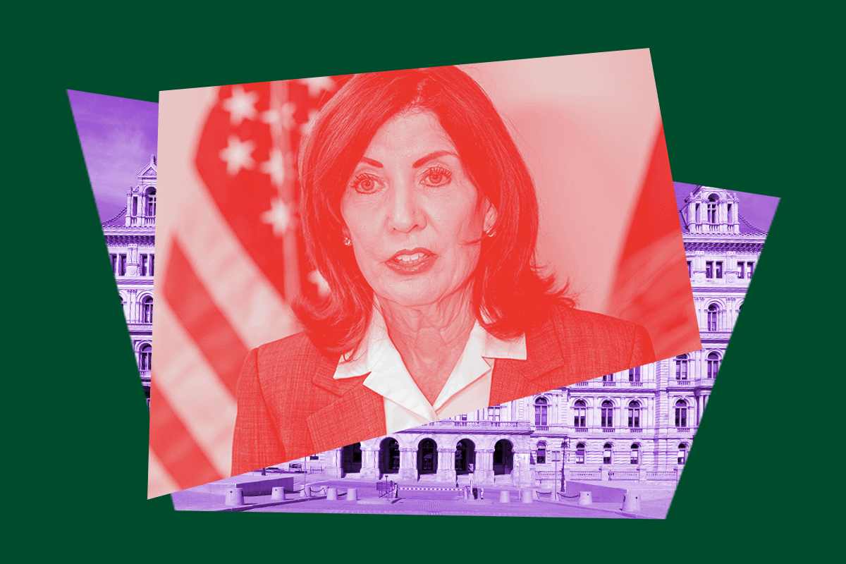 Collage of Gov. Hochul and the capital building