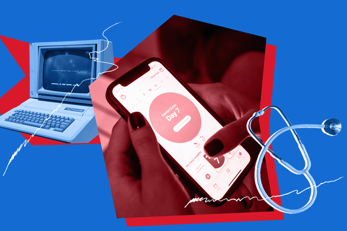 Collage of a hand holding a period tracking app, a computer, and a stethoscope