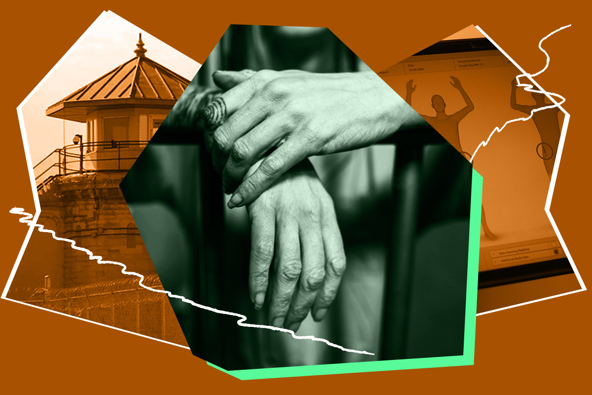 Collage of hands resting on prison bars, prison scanner, prison tower