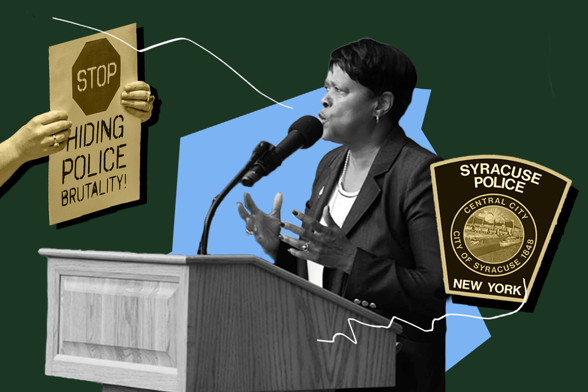 Collage of Syracuse Mayor, Citizen Review Board signs and logo