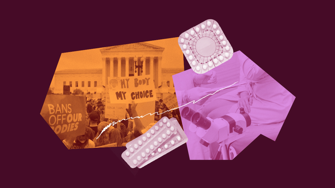 Capitol building, abortion medication and birth control pills, and someone sitting on a table in an exam room.