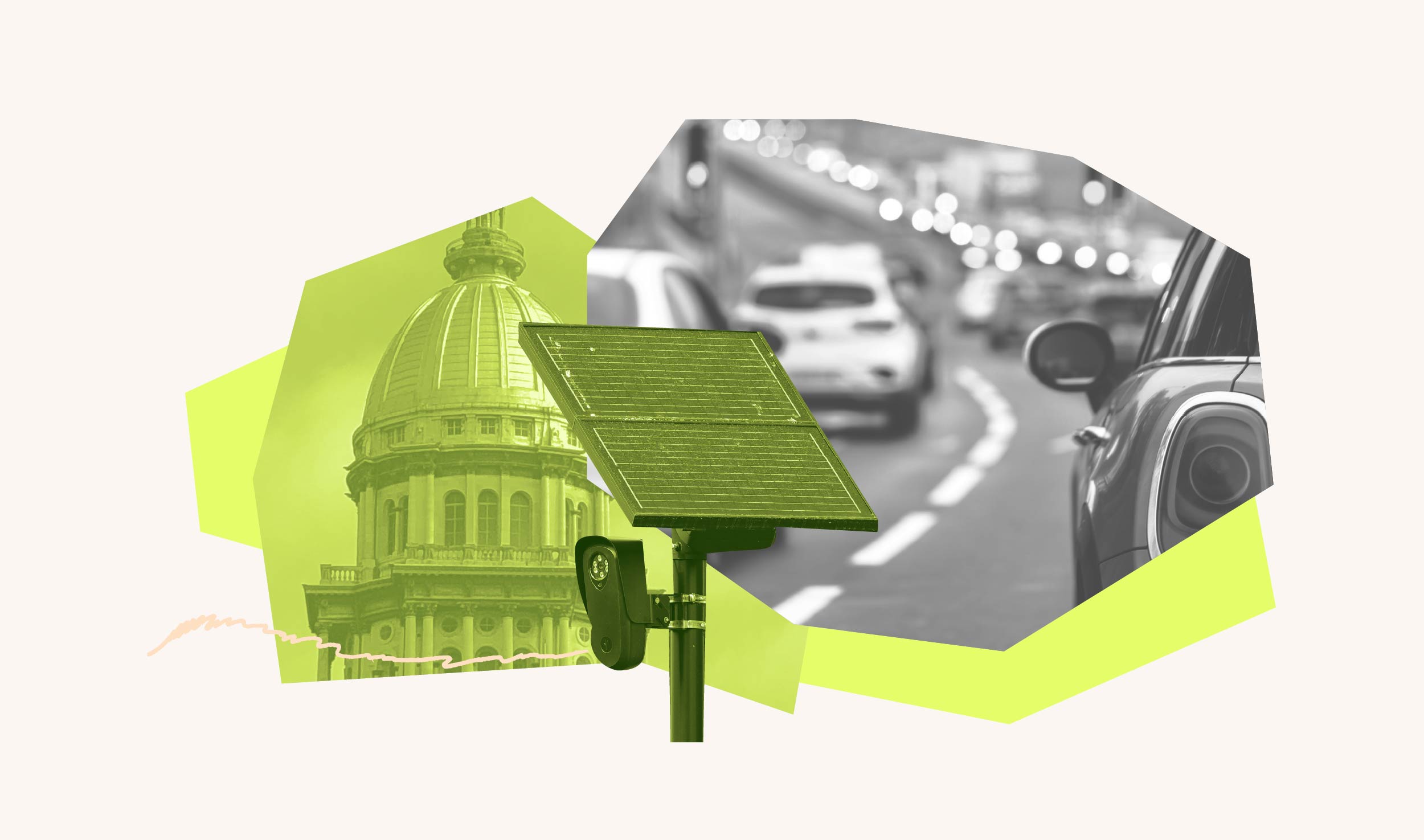 Neon filtered image of the Springfield Capitol Building with a gray filtered image of cars overlaid and a green filtered image of a license plate camera
