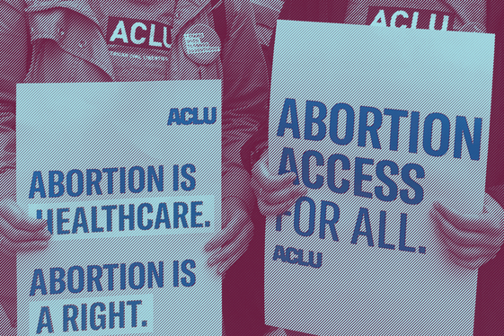 Image of two activists holding rally signs that read "Abortion is healthcare. Abortion is a right." on the left and "Abortion Access for All" on the right. 