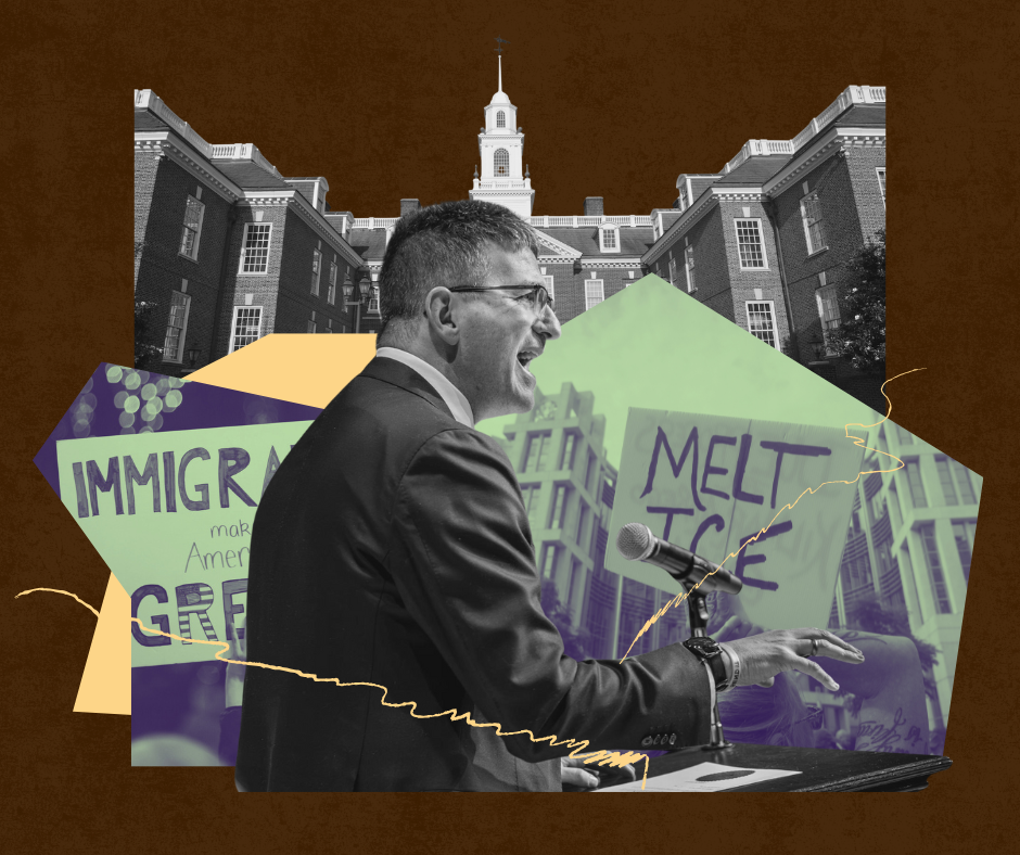 Image of Gov Meyer and the Delaware legislature overlaid on images of protest signs reading, one reading 