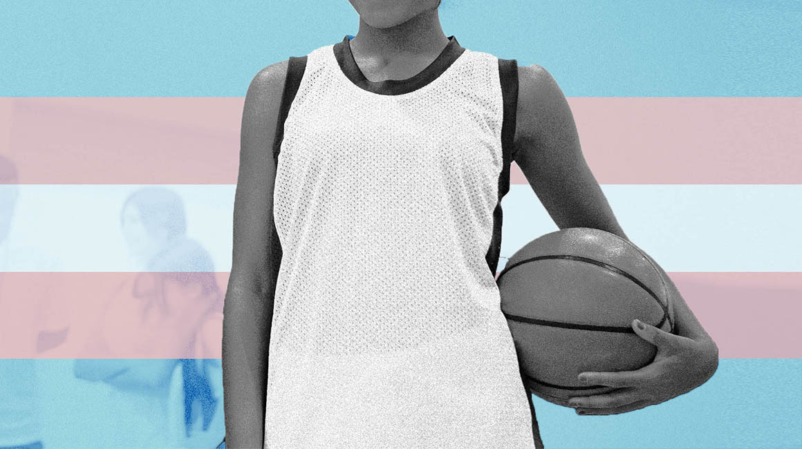 Person holding a basketball with the trans flag background