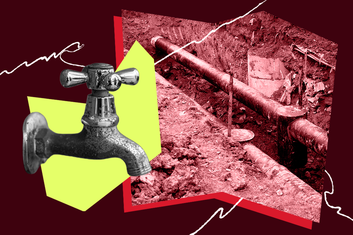 Collage of faucet, water pipe dug up in ground