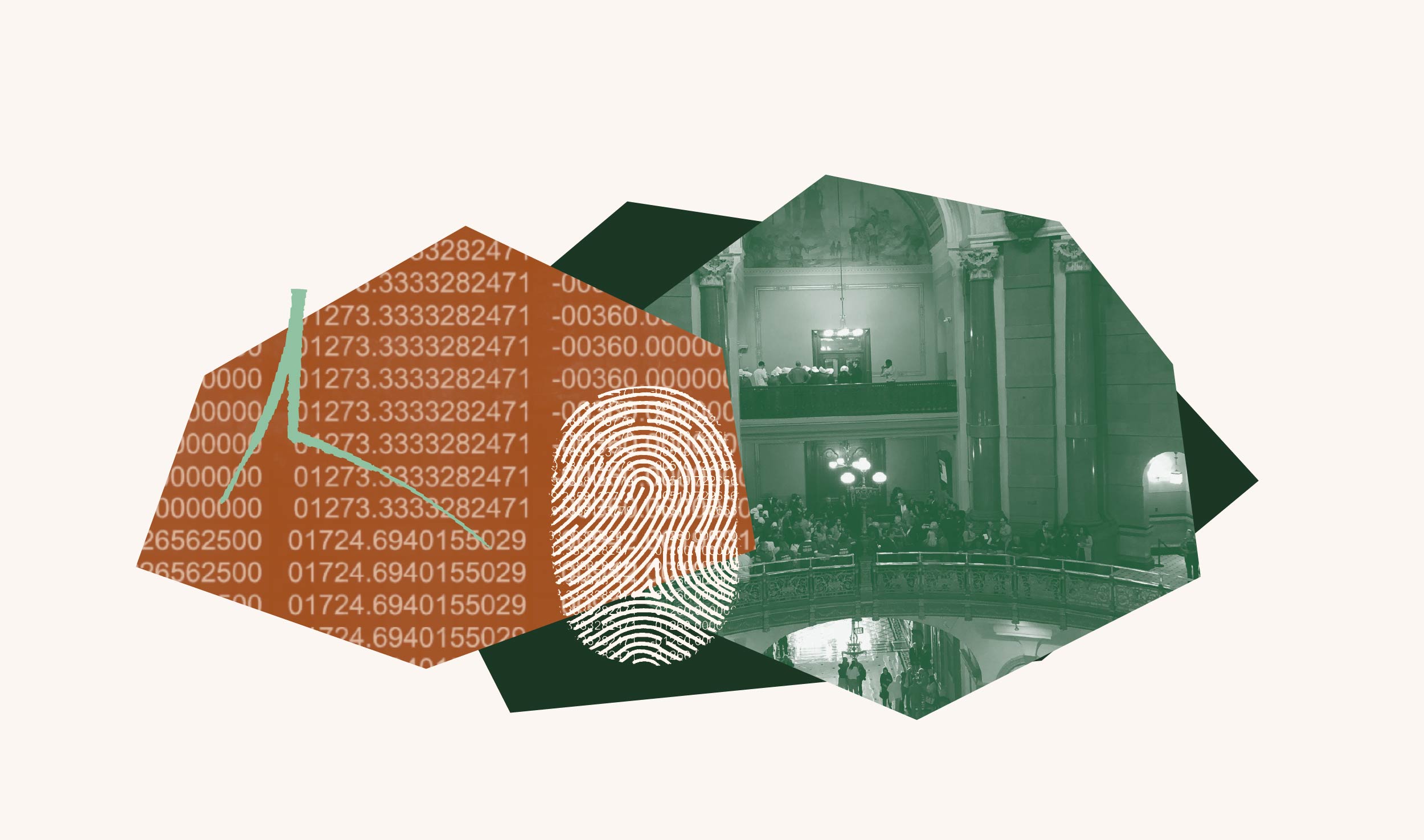 White fingerprint outline over orange data. Green filtered image of the State Capitol Building in Springfield behind