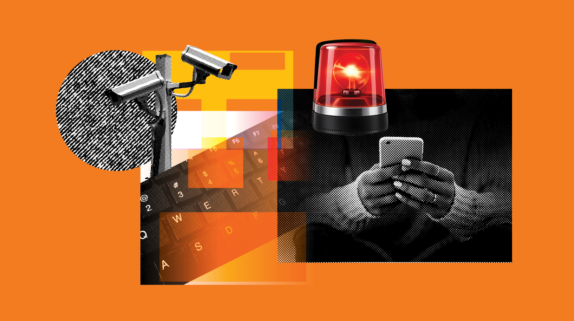 Orange background with images of a person holding a phone, a Flock camera, and a siren