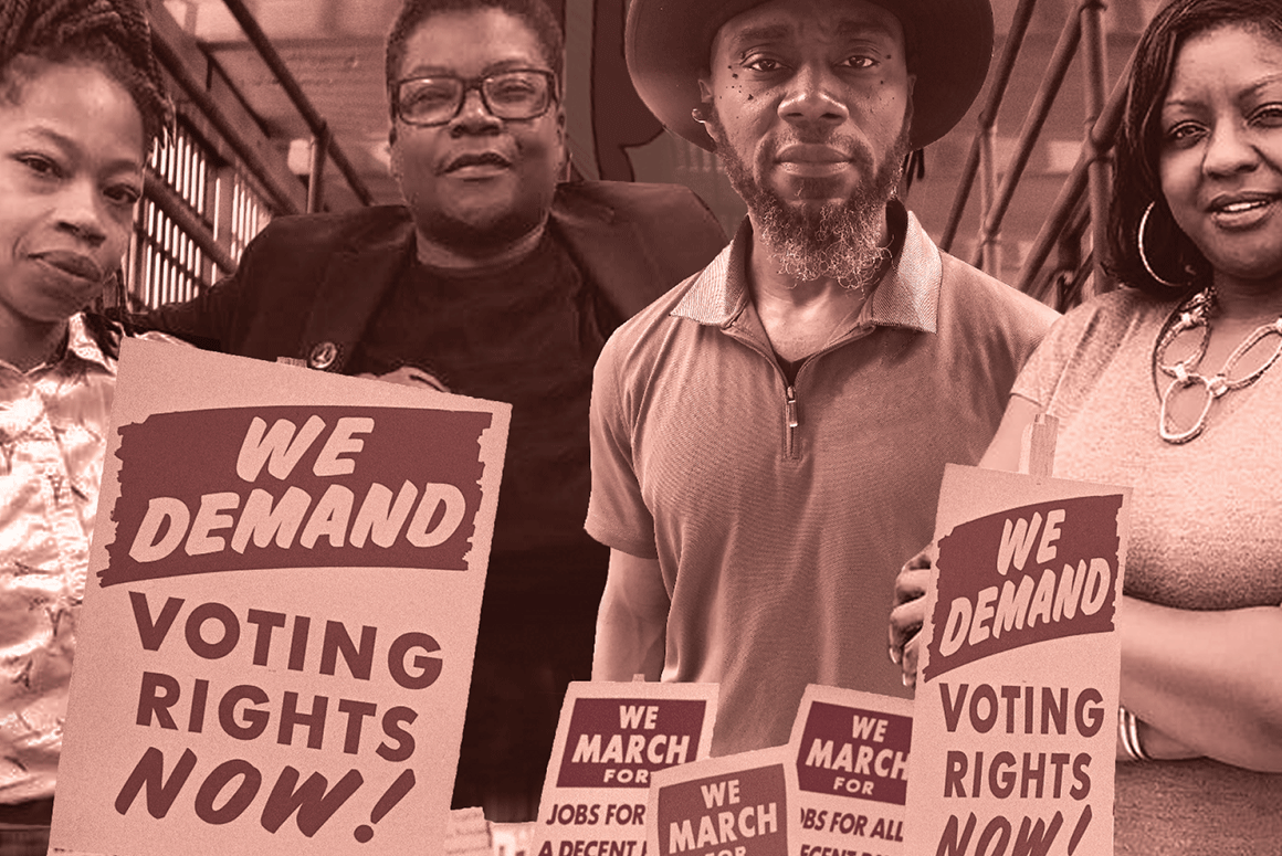 Image shows Nicole Hanson Mundell, Monica Cooper, Earl Young, and Qiana Johnson from left to right. There are signs visible below them that say "We Demand Voting Rights Now!" that are from a march during the Civil Rights movement. Image is pink and brown.