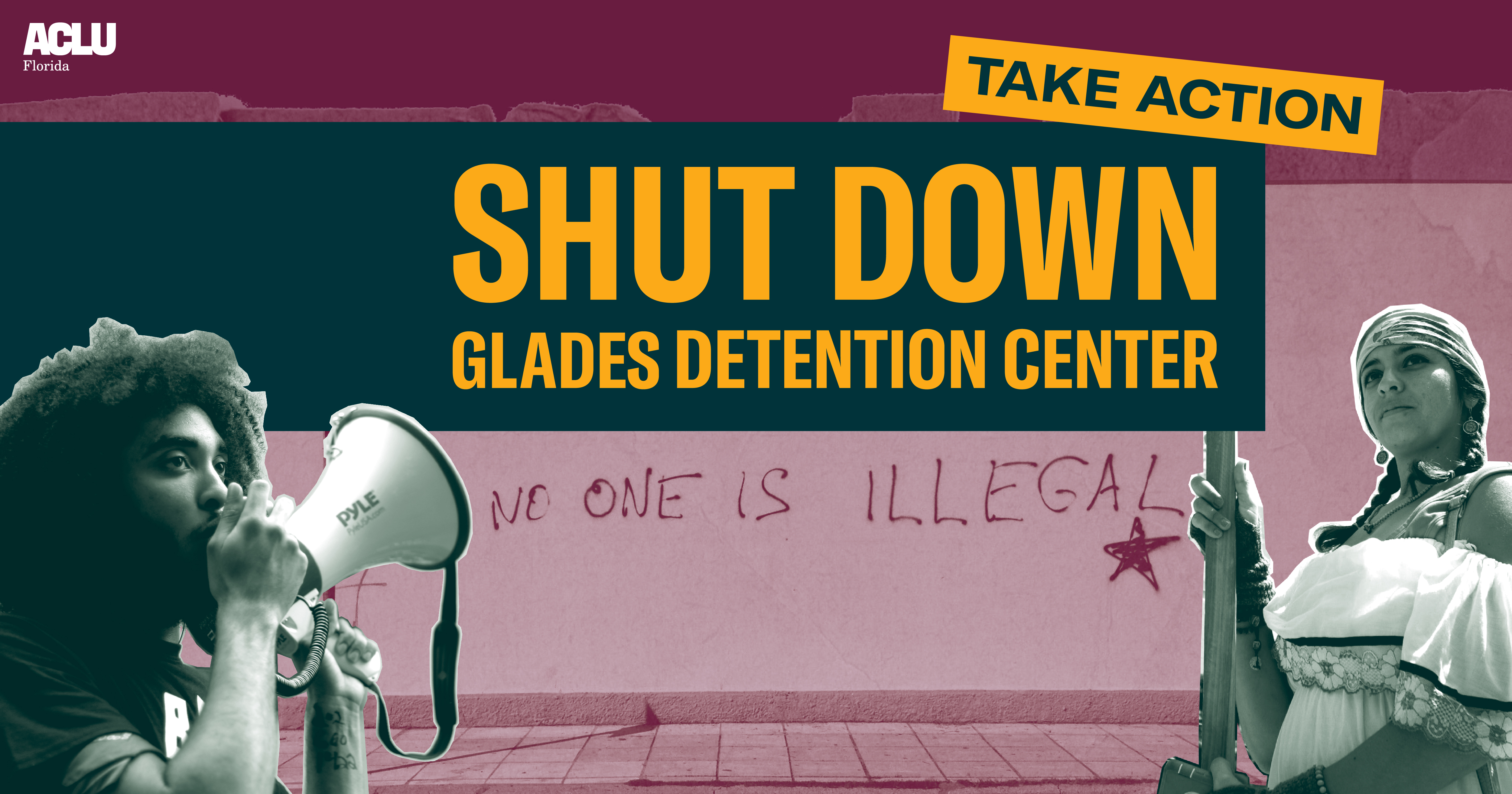 The words "Shit Down Glades Detention Center" on a green and purple image.