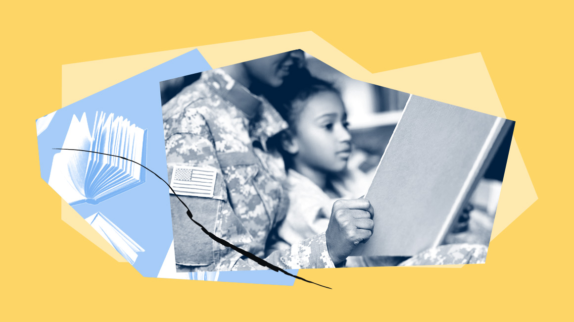 A child holding a book and the adult is wearing military fatigues.