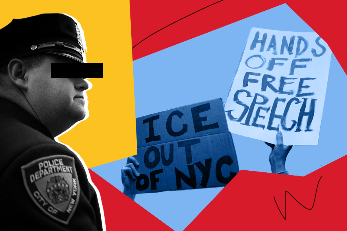 A collage image of a police officer, and two protest signs that say 