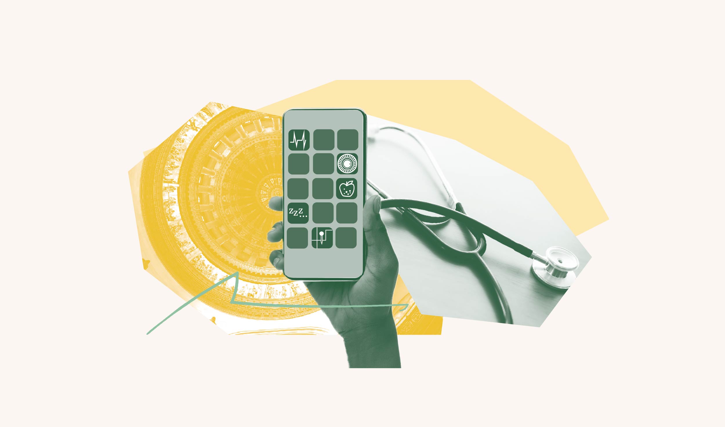 Green filtered image of a hand holding a phone over a yellow filtered image of the Springfield Capitol Building ceiling and a green filtered image of a stethoscope