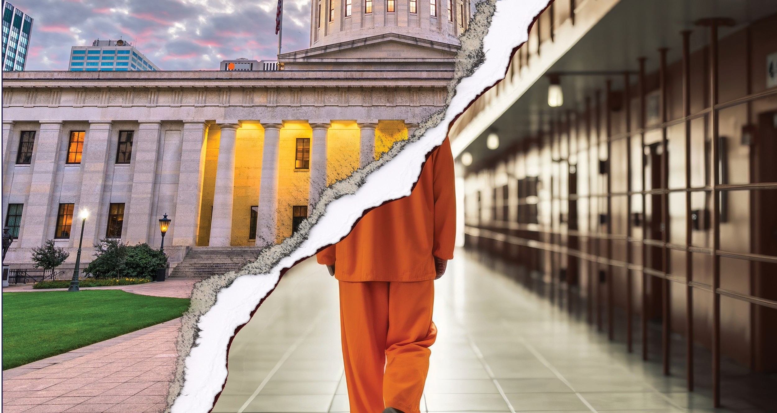 Image of a person in prison and the Ohio Statehouse