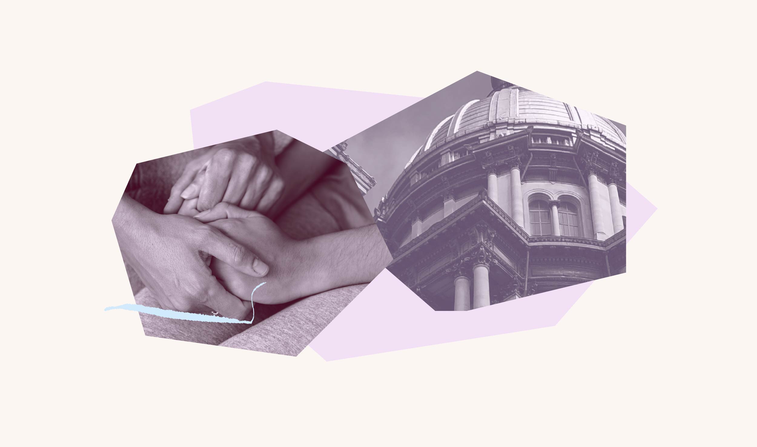 Maroon stethoscope over maroon filtered image of adult holding child's hand and purple filtered image of the Springfield Capitol Building