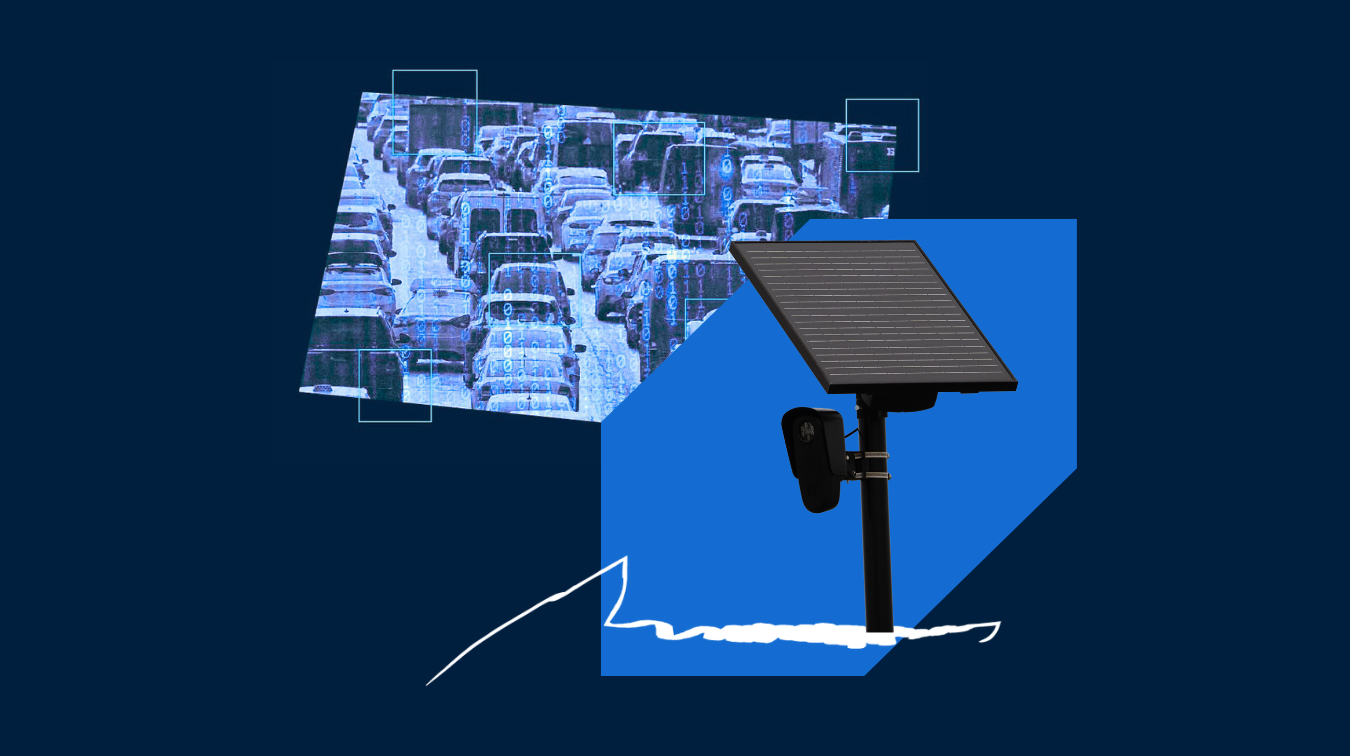 Collage depicting surveillance, with a photo of traffic, a blue shape, and an automated license plate reader. 
