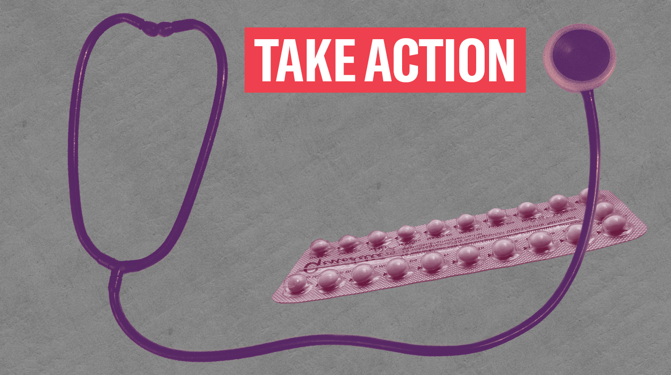 The words 'take action' in white font on a red rectangle with a purple stethoscope and maroon birth control pills on a textured grey background