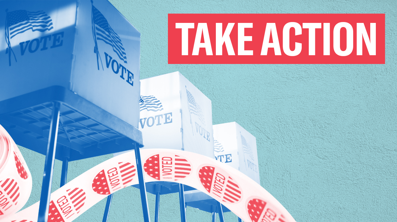 The words 'take action' in white font in a red rectangle with voting booths