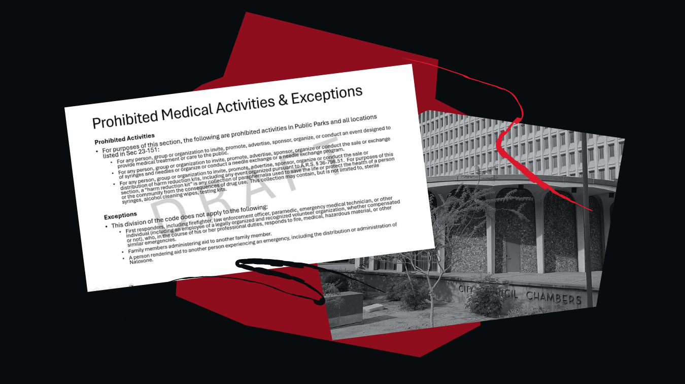 Phoenix Harm Reduction Ordinance language on a black and red background.