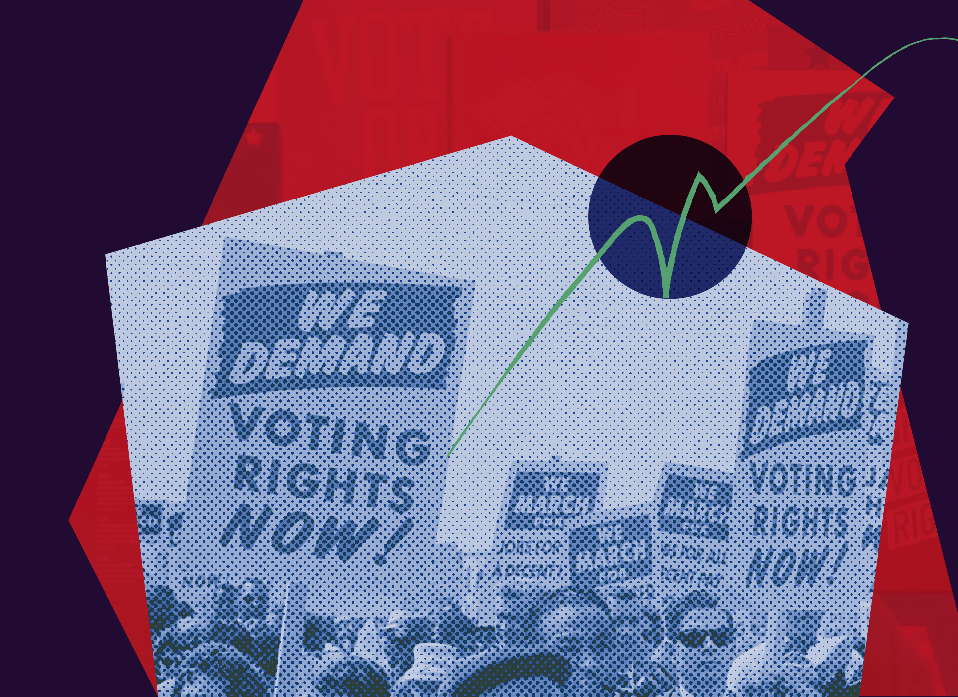 Light purple signs demanding voting rights with red and dark purple irregular shapes in the background.