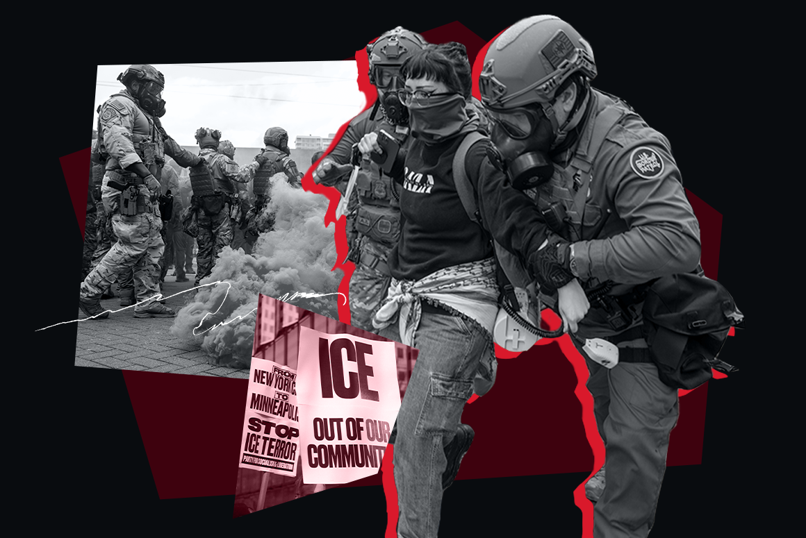 Collage of ICE arrests, protest signs, federal immigration enforcement