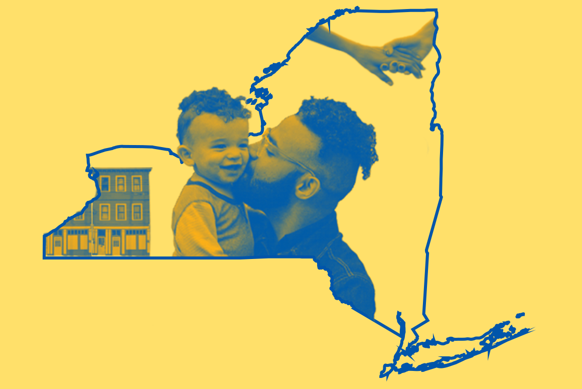 Parent and child in a map outline of New York State
