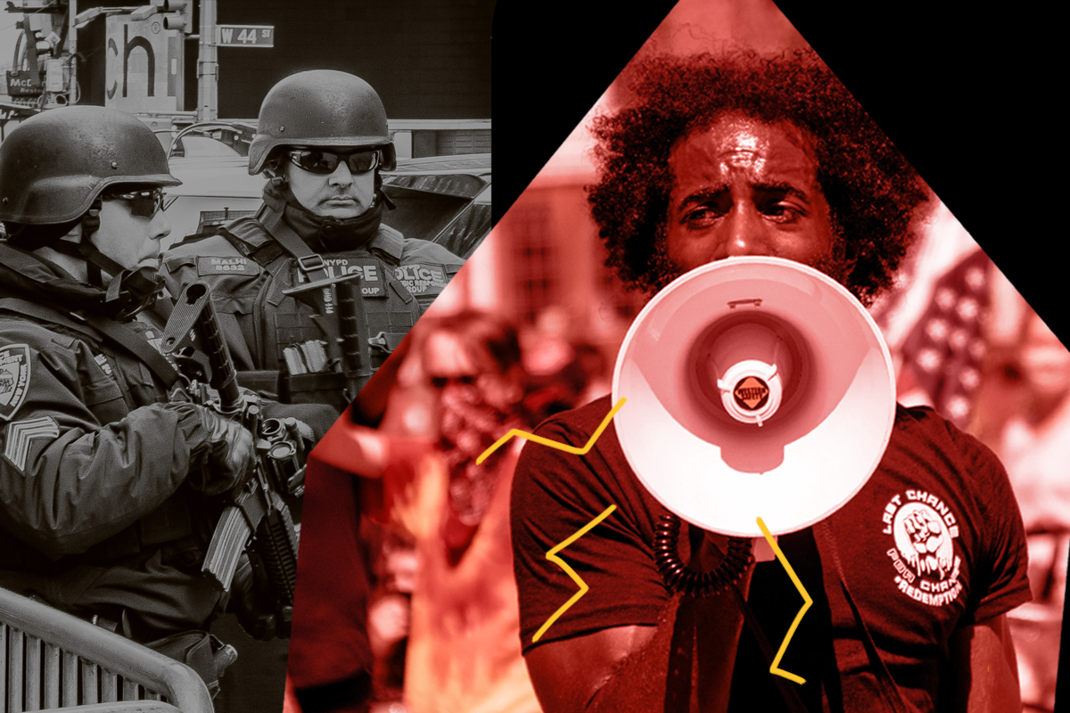 Collage of protester with megaphone, police