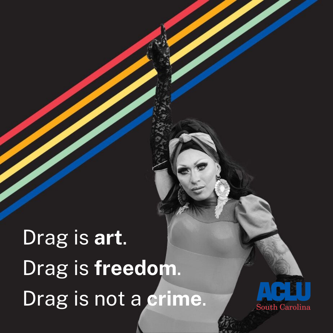 "Drag is art. Drag is freedom. Drag is not a crime." Text appears of a black and white image of a drag queen pointing in the air.