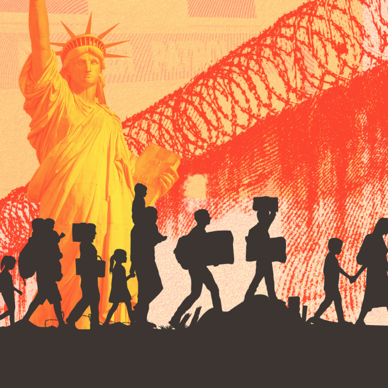 An image showing immigrants walking in front of the statue of liberty with an ominous fence with barbed wire behind them