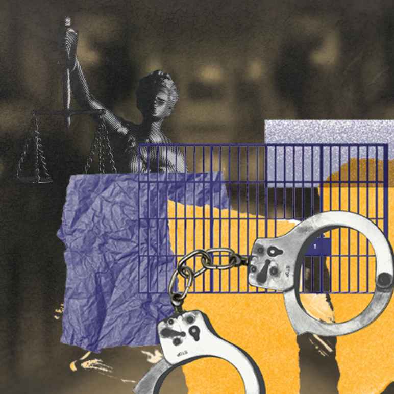 An image of handcuffs over lady justice.