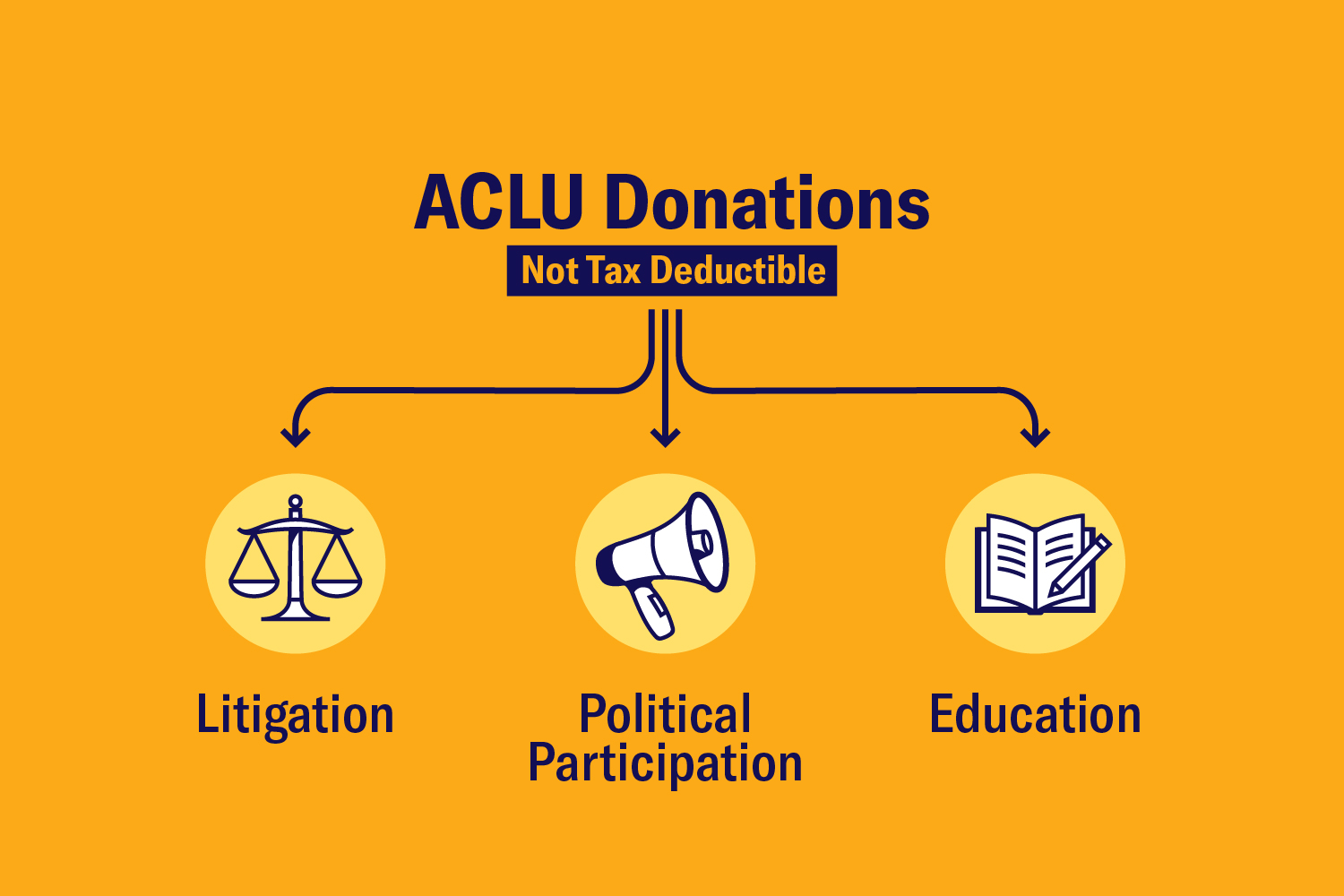 ACLU mission represented by icons of scale, megaphone, and book