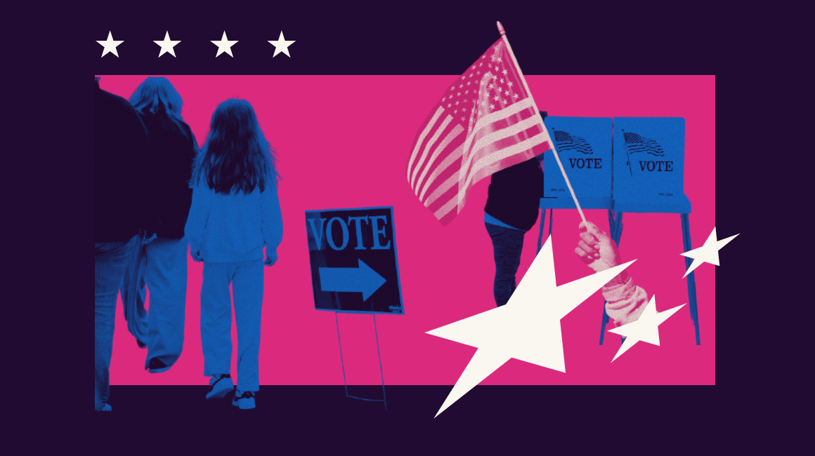 Vote sign, voting booths, and people waking to vote
