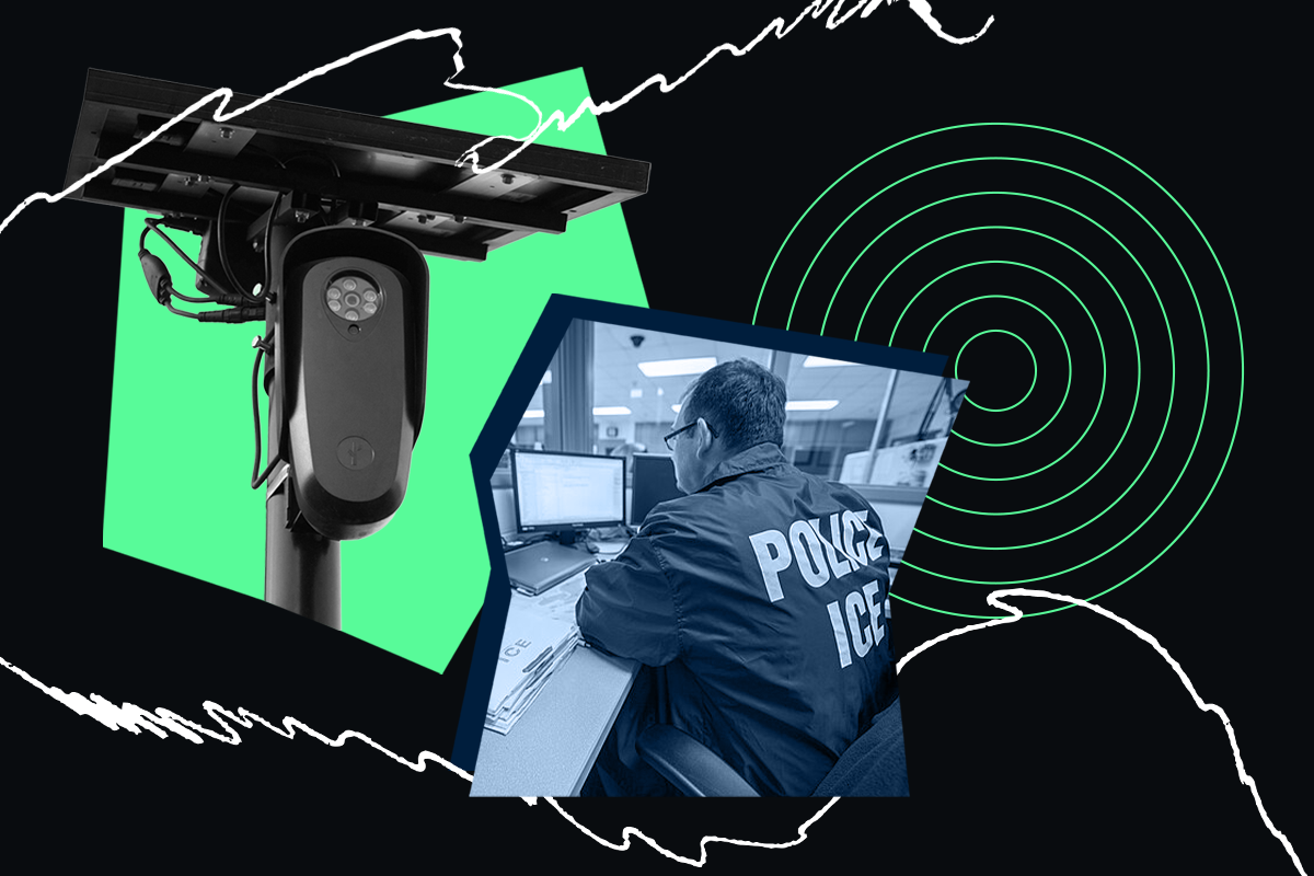 Collage of Automatic license plate reader, police officer searching computer, spiral