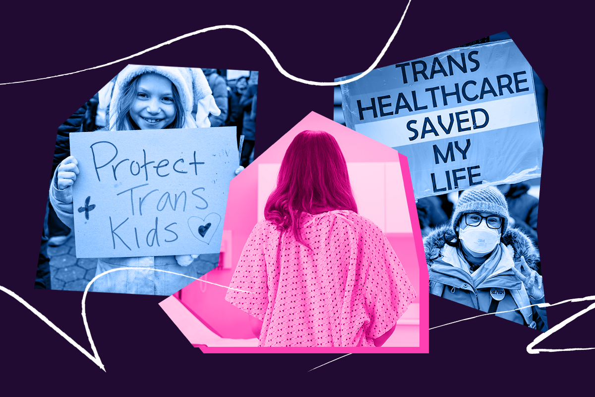 Collage of a person in a hospital gown, and two people holding signs that say 