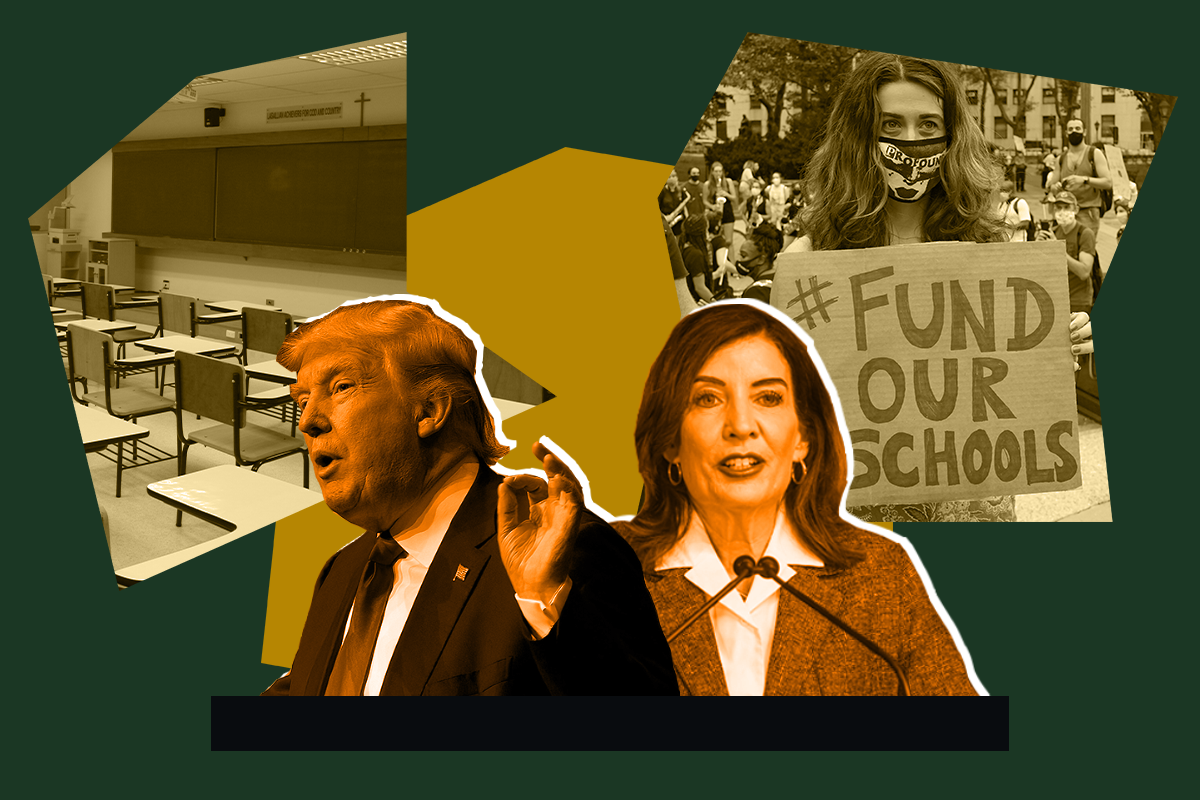 Collage of Trump, Hochul, classroom, protest sign