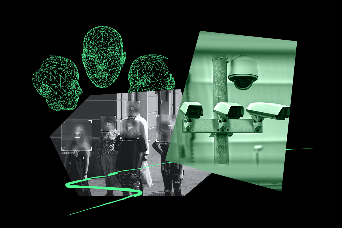 Collage of surveillance cameras, facial recognition, biometric surveillance software images