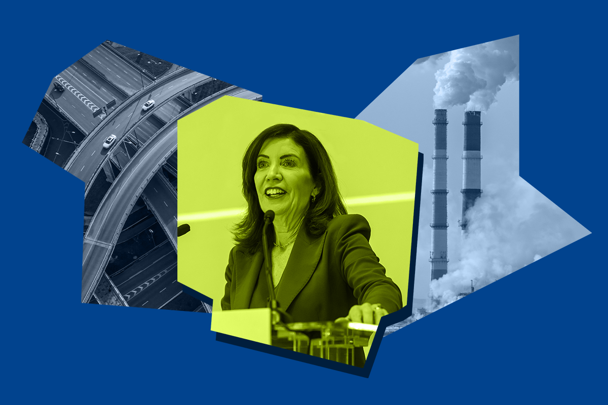 Collage of Gov Hochul, highways, smokestack 