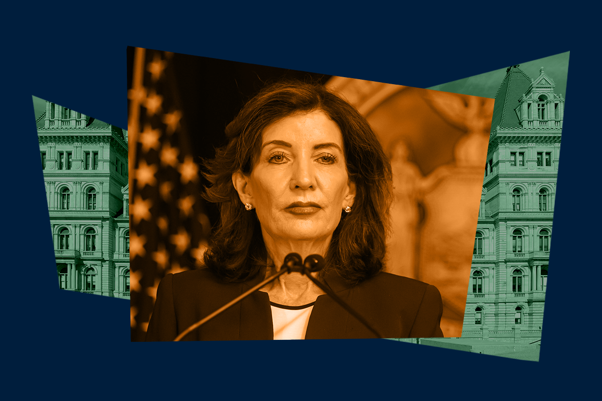Collage of Gov. Hochul and the capital building