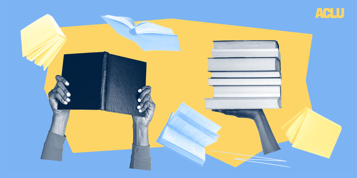 Hands holding books and stacks of books